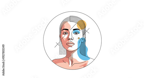 Contemporary artistic portrait of woman features elegant facial features enhanced with abstract color splashes and geometric line overlays.