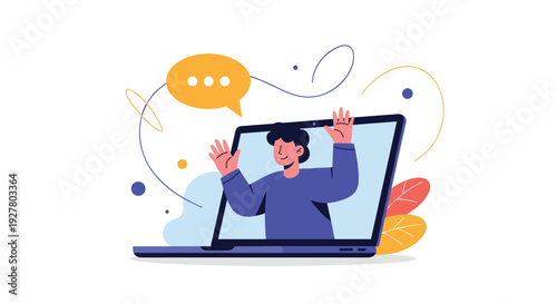 Friendly man waves hello from within laptop screen next to orange speech bubble during video call or online meeting session.