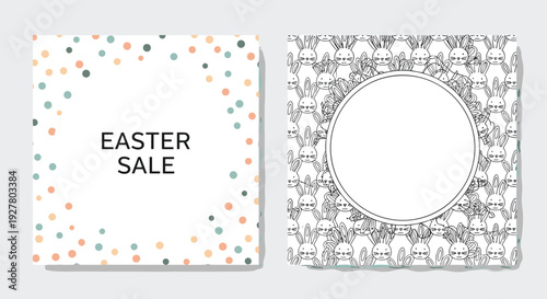 Festive easter sale promotional card set includes one design with colorful confetti dots and another with cute bunny pattern outline.
