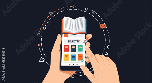 Person holding mobile device displaying digital library application for selecting and reading ebooks with circular geometric elements.