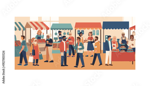 Vibrant market scene with diverse people shopping and socializing