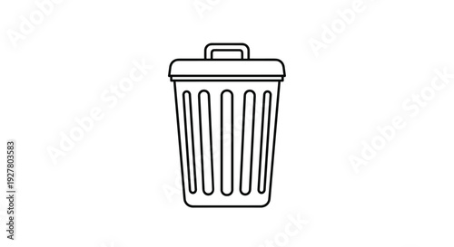 Simple black line art illustration of a standard metal trash can with a lid on a plain white background for waste management icons.