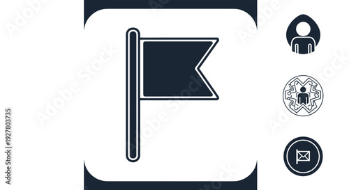 Black flag icon inside a white square next to user profile and email notification symbols representing communication and goals.