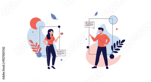 Two people standing in separate frames communicating through digital speech bubbles with abstract foliage and geometric background.