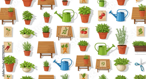 Seamless pattern of gardening elements and plants.