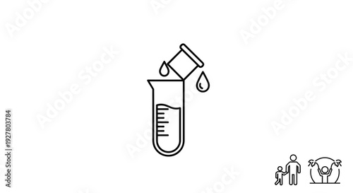 Laboratory glassware icon showing a test tube being filled from another container with liquid droplets for chemistry and science.