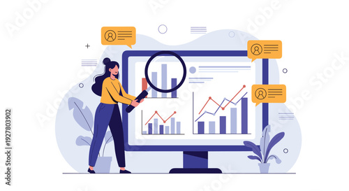 Female analyst uses a magnifying glass to examine various data charts and bar graphs on a large desktop monitor for market research.