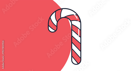 Traditional christmas candy cane with red and white stripes on a background with a large red circle for holiday season decorations.