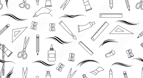 Seamless pattern of stationery and art supplies on a white background.