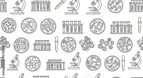 Seamless pattern of scientific laboratory equipment and cultures.