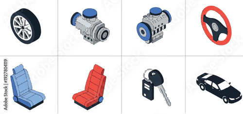 Isometric automotive icons set wheels engine seats steering key car vector illustration