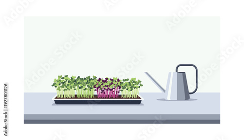Colorful microgreens in a tray with a watering can nearby for nurturing