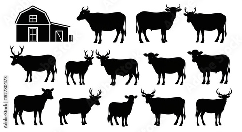 Cows and Deer Silhouettes Farm Scene.