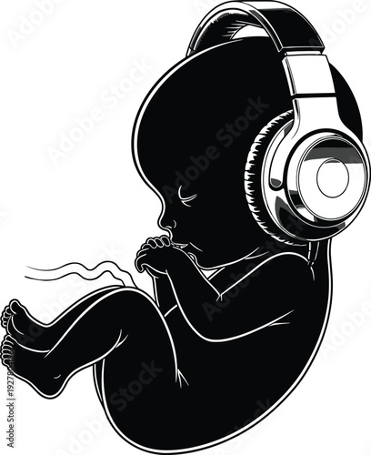 Baby silhouette wearing headphones in womb position isolated on white background, music concept, prenatal sound, cute fetus vector illustration design