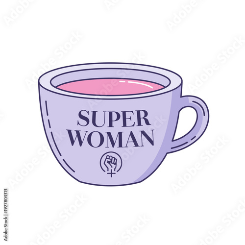 Coffee cup with text "Super Woman" and feminist symbol design  