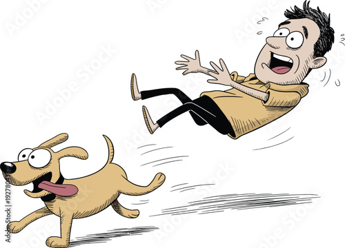 Funny cartoon dog running fast while excited man flies behind, humorous dynamic chase illustration isolated on white backgroundFunny cartoon dog running fast while excited man flies behind