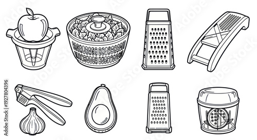 Collection of kitchen tools for food preparation, line art.