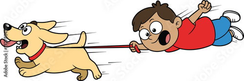 Funny cartoon dog running fast while pulling surprised boy holding leash, humorous playful pet illustration isolated on white background