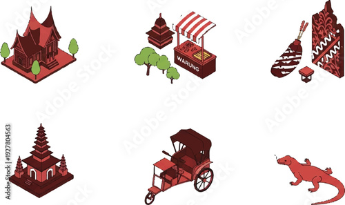 Isometric red icon set buildings food stand transportation animals and cultural elements