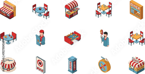 Isometric diner restaurant icons set illustration