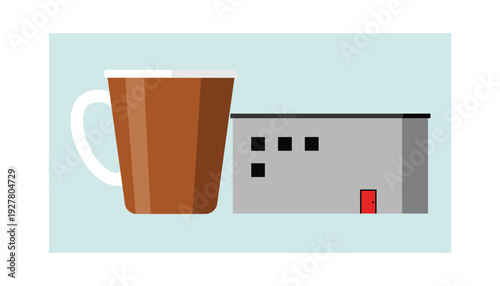 Modern coffee cup next to industrial building with red door