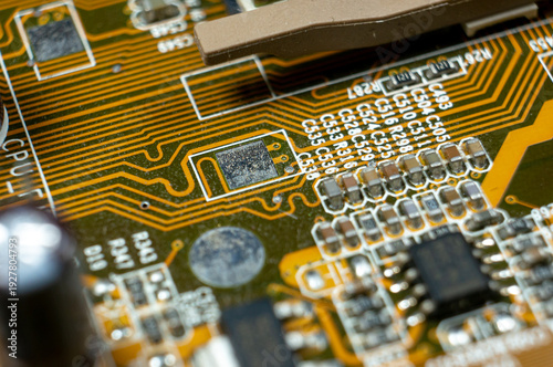 Close-up of a part of an electronic circuit board with electronic components