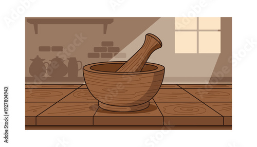 Wooden mortar and pestle on rustic kitchen countertop with warm lighting