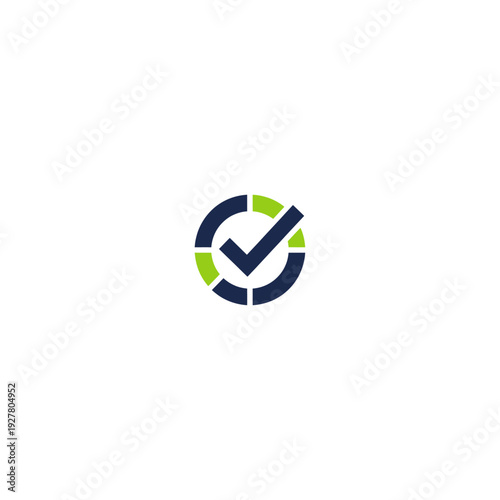 Dark blue and lime green check mark inside a circular segmented ring isolated on white background