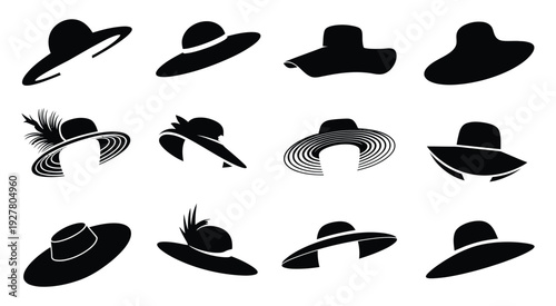 Various hats styles displayed in grid formation, diverse headwear collection layout, modern fashion accessory showcase, neatly arranged cap beanie fedora cowboy and sun hats, high resolution
