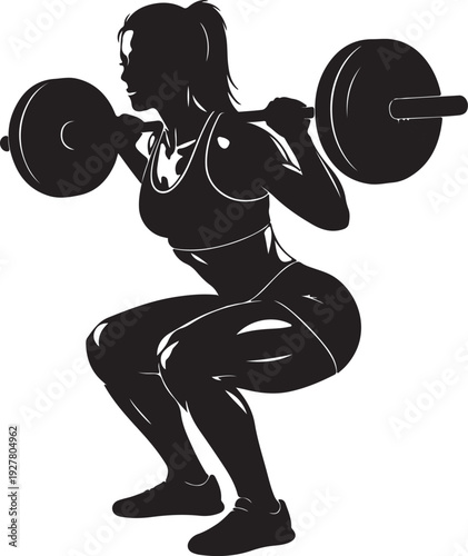 Silhouette of a strong woman performing a barbell squat exercise, showcasing fitness and strength training.