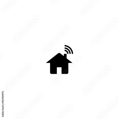 Black silhouette of a house with three curved lines emanating from the chimney, indicating a wireless signal, isolated on a white background
