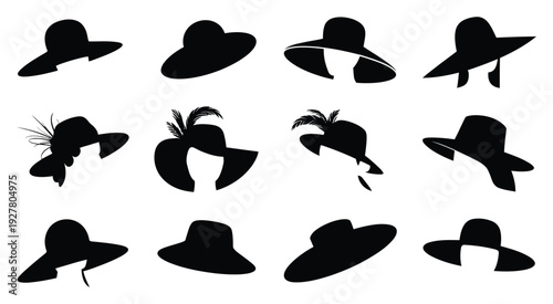 Various hat styles arranged in grid formation, organized fashion headwear assortment, clean symmetrical layout presentation, trendy casual and classic hats collection, professional quality image
