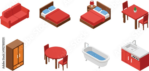 Isometric room interior elements vector illustration set furniture design