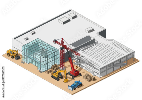 Construction site with heavy machinery, cranes, and building in progress