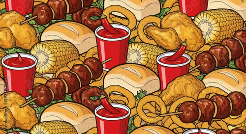A vibrant seamless pattern of various popular comfort foods and snacks.