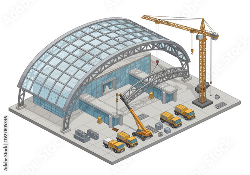 Construction of a modern industrial building with cranes and vehicles in isometric view, illustrating infrastructure development and engineering