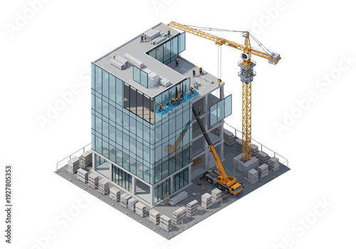 Construction project in progress with modern building and crane, depicting industrial development and urban growth