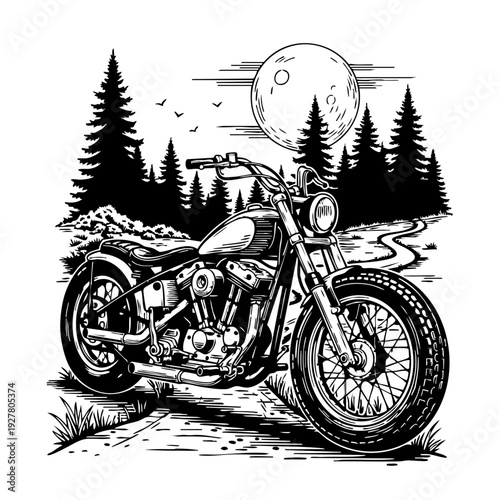 Black and white illustration of a motorcycle parked on a dirt path.