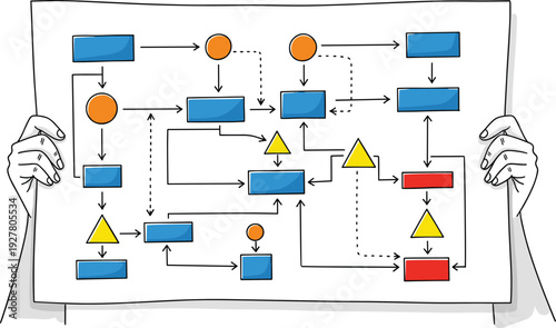 Hand drawn business flowchart diagram with process arrows, decision symbols and workflow chart presentation held by hands isolated on white background
