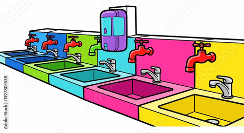 Colorful sinks in a row installed.