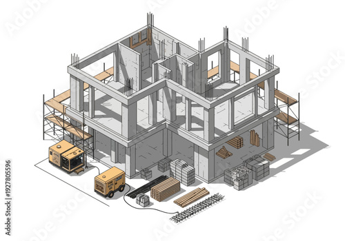 Construction of a Modern Concrete Building with Scaffolding and Equipment