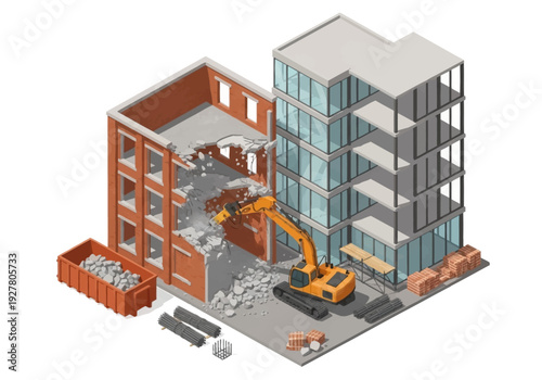 Construction site with demolition and building construction activity, heavy machinery at work