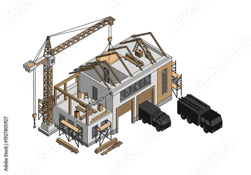 Construction of a modern industrial building with crane and delivery trucks, isometric view