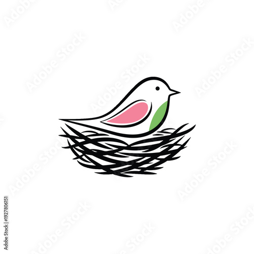 Stylized Vector Graphic of a Small Bird Resting Peacefully in its Cozy Nest