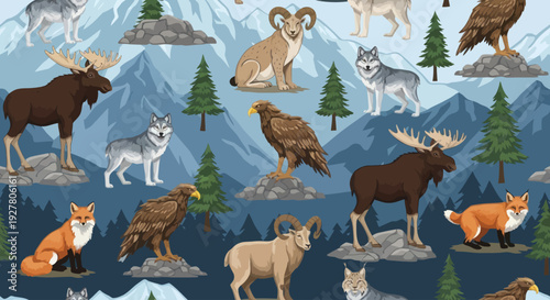 Seamless pattern with wild animals of the mountain forest