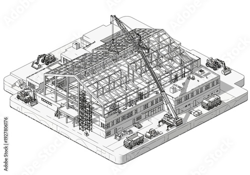 Construction of a large industrial building with cranes and heavy machinery in an isometric view