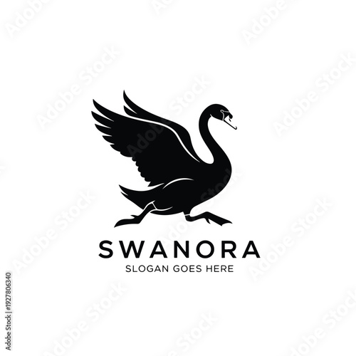 Stylized black swan vector illustration, majestic bird taking flight with powerful spread wings.