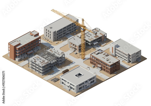 Aerial view of a construction site with buildings in various stages of development and a prominent yellow crane