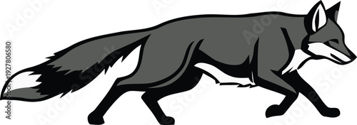 A cartoon illustration of a gray wolf walking to the right