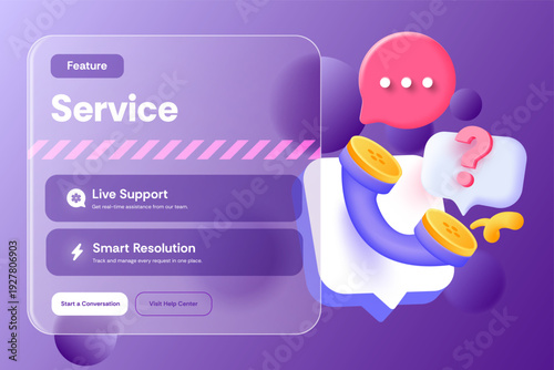 Modern 3D customer service banner featuring live support, smart resolution tools, and help center concept. Ideal for SaaS platforms, fintech apps, startup websites, tech support pages. Vector